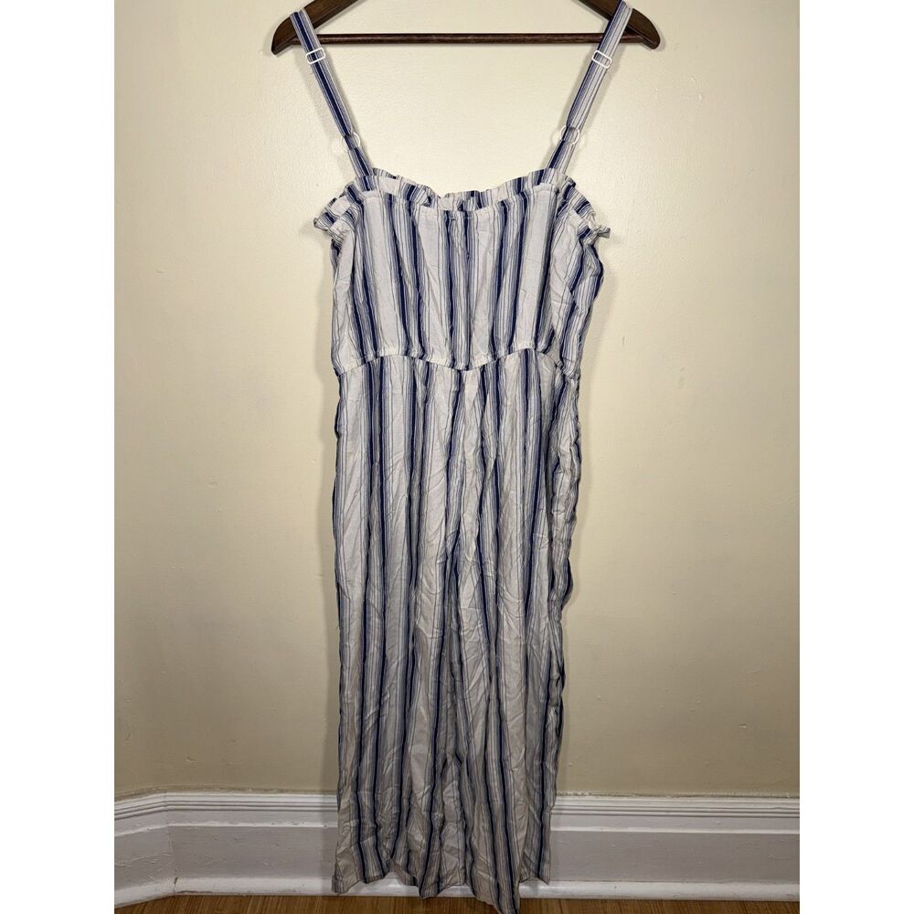 Lily Rose NWT Linen Blend Navy Cream Striped Jumpsuit Size L Wide Leg Pockets - Picture 2 of 11